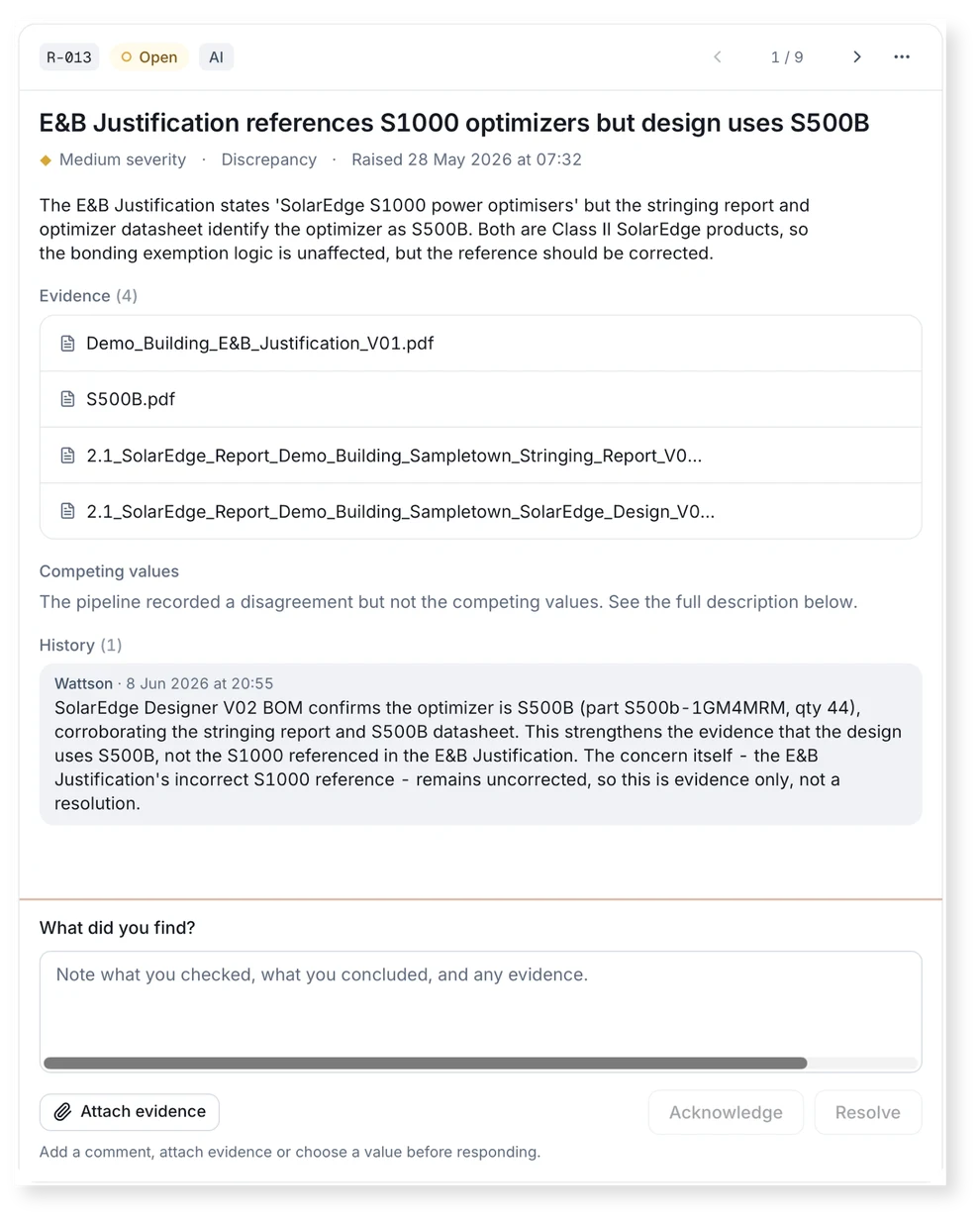 Register item R-013: E&B justification references S1000 optimisers but the design uses S500B. Medium severity discrepancy, four evidence documents and one history entry.